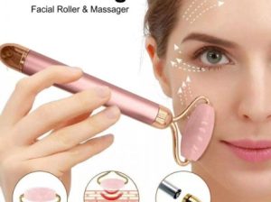 Rola electrica din jad roz, cu maner metalic roz, pentru masaj facial, lifting, relaxare, cu vibratii (cod R133A)